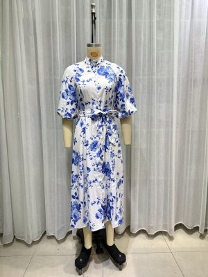 Elegant Puff Sleeve Printed Single Breasted Dress