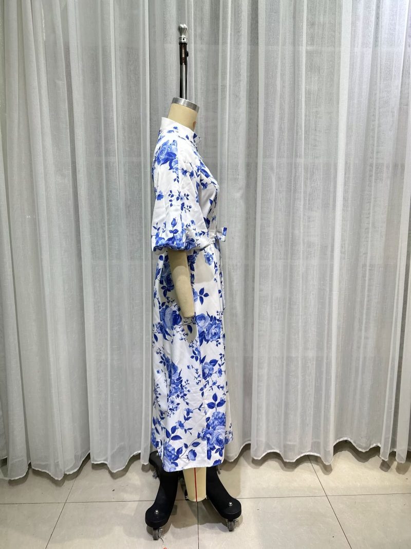 Elegant Puff Sleeve Printed Single Breasted Dress - Image 2