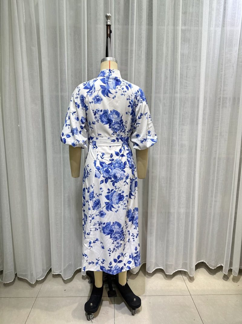 Elegant Puff Sleeve Printed Single Breasted Dress - Image 3