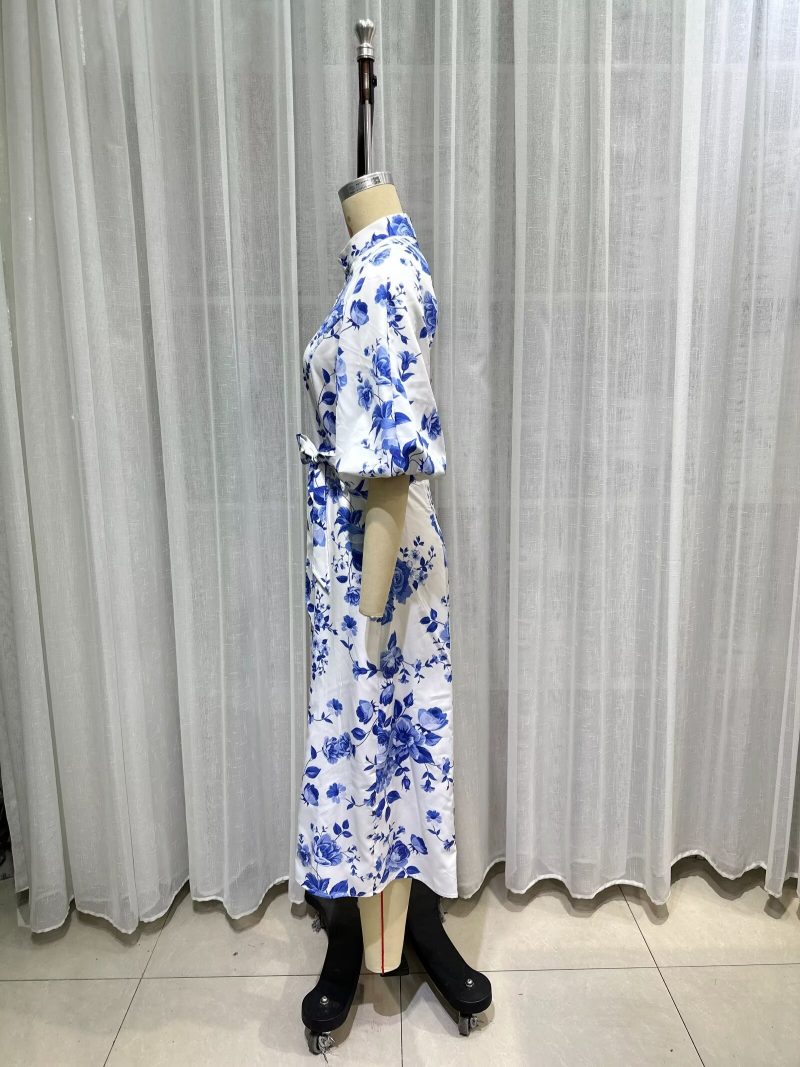 Elegant Puff Sleeve Printed Single Breasted Dress - Image 4