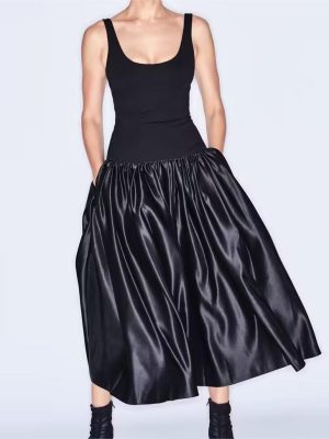 Stitching Detail Autumn High Waist Maxi Dress