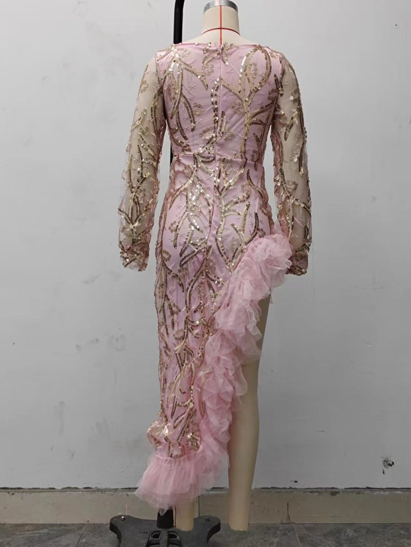 Fall Mesh Sequin Split Pink Evening Dress - Image 4