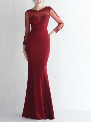 Women’s Satin Rhinestone Lace Fishtail Evening Dress