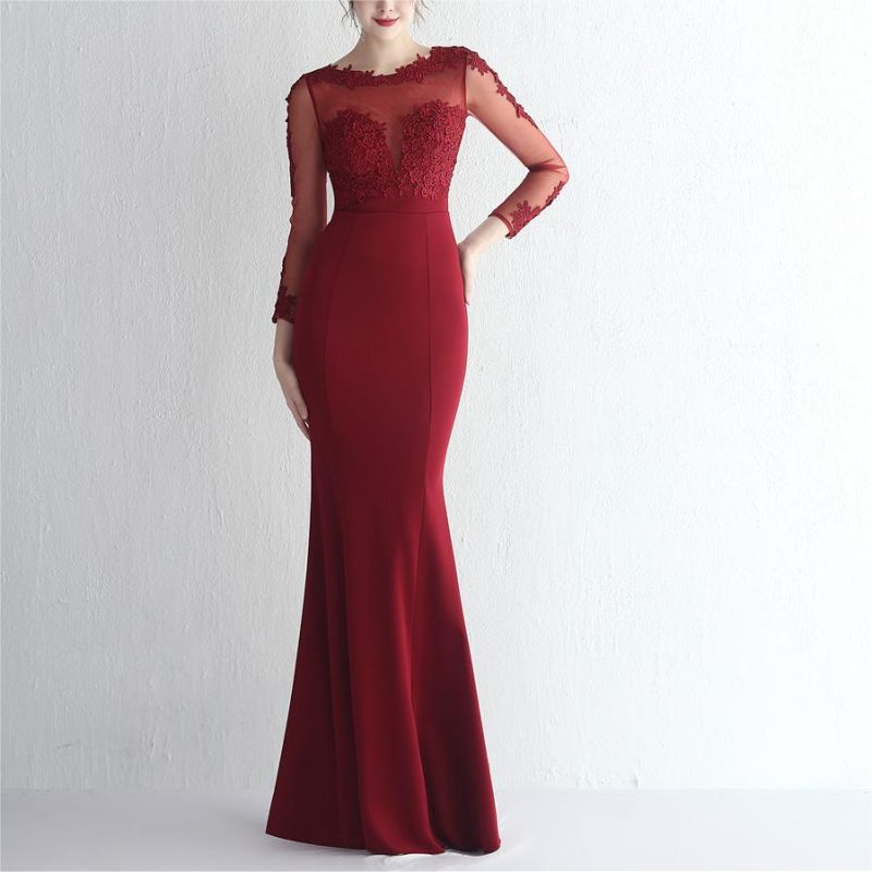 Women’s Satin Rhinestone Lace Fishtail Evening Dress