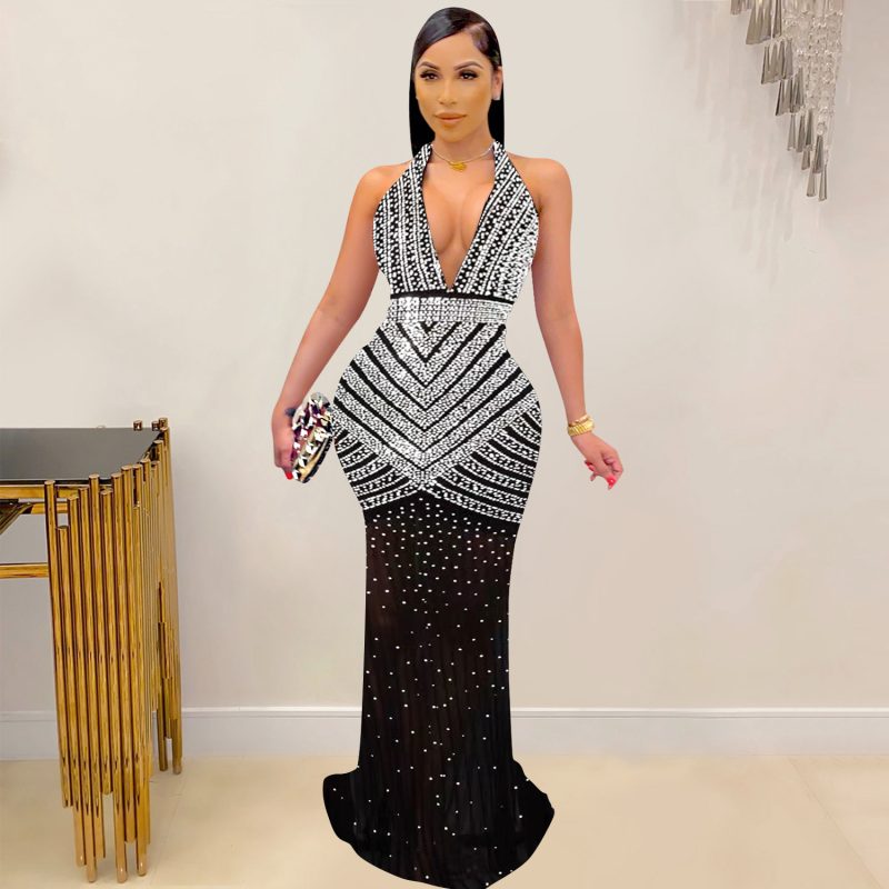 Solid Color Mesh Rhinestone Sleeveless Maxi Dress
