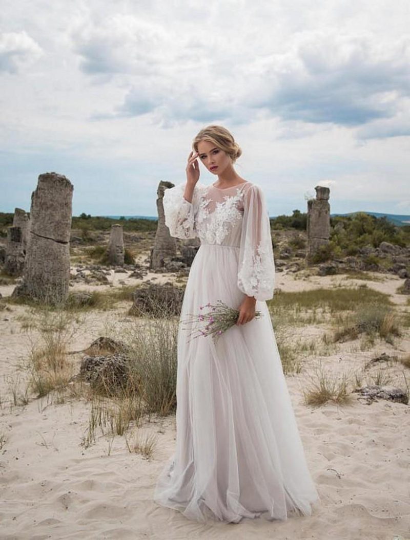 Women’s Puff Sleeve Mesh Embroidered Wedding Dress - Image 2