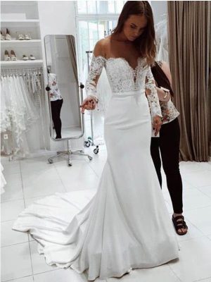 Autumn Off Shoulder Lace Long Sleeve Wedding Dress