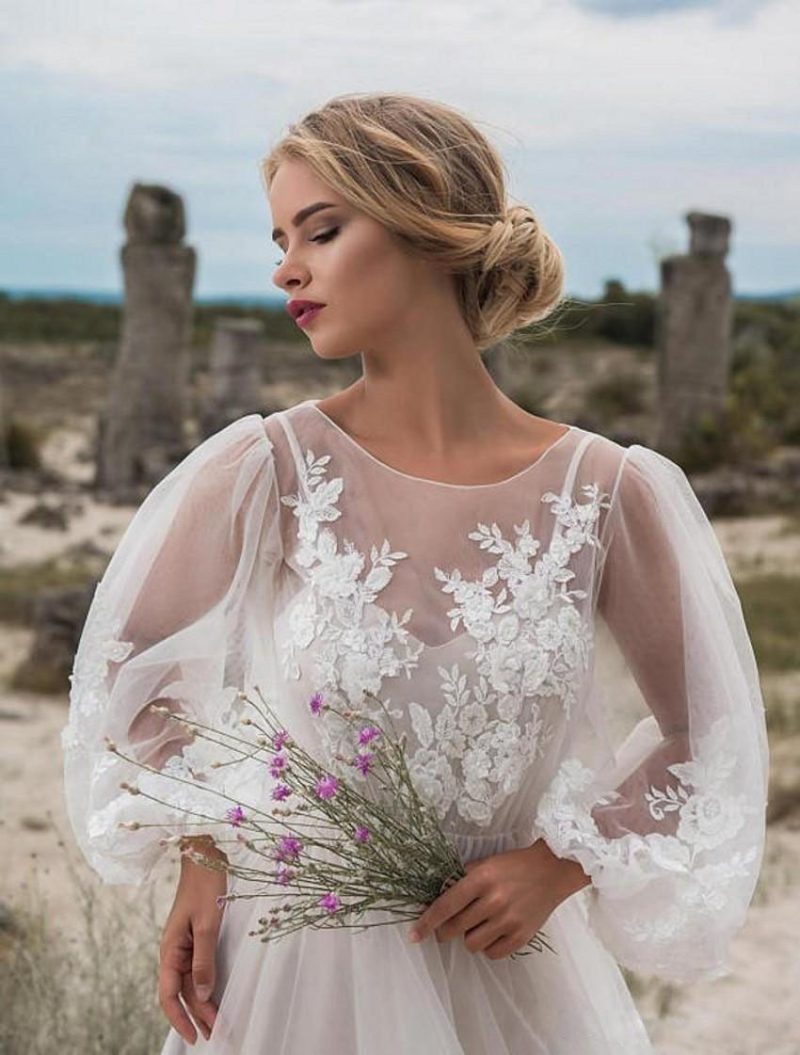 Women’s Puff Sleeve Mesh Embroidered Wedding Dress - Image 3