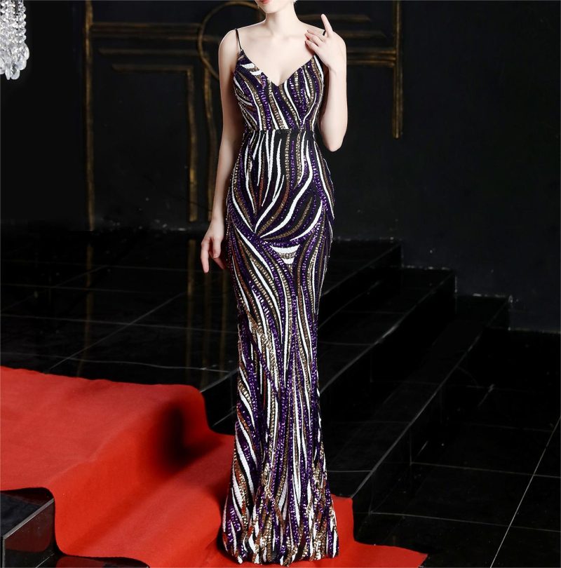Women’s Sequined Striped Slim Fit Maxi Dress