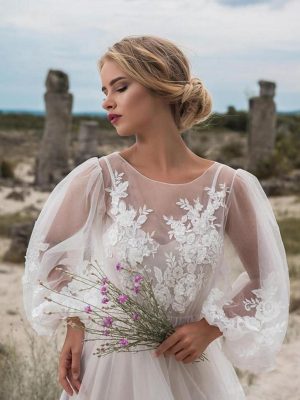 Women’s Puff Sleeve Mesh Embroidered Wedding Dress