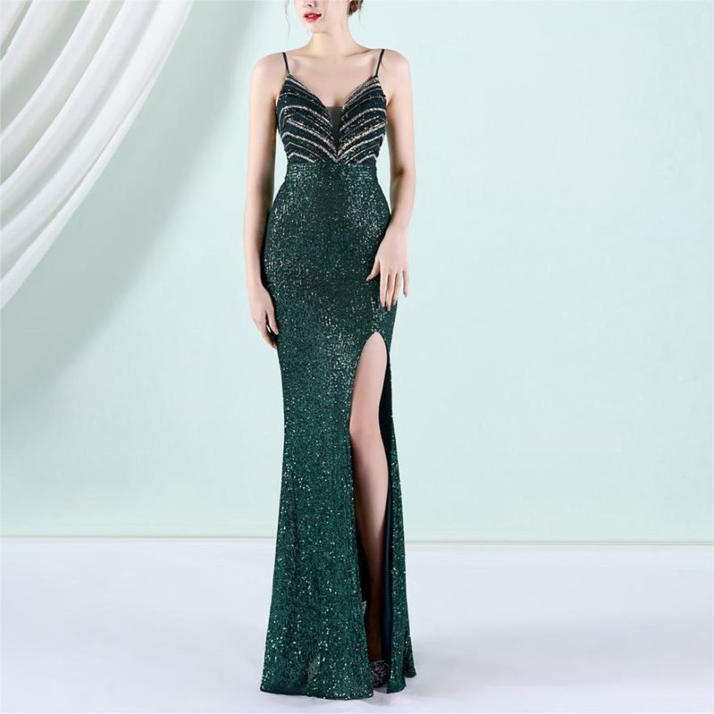 Women’s Floral Beaded Slim Long Evening Dress