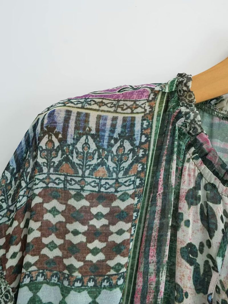 French Patchwork Printed Long Sleeve Casual Dress Women - Image 2