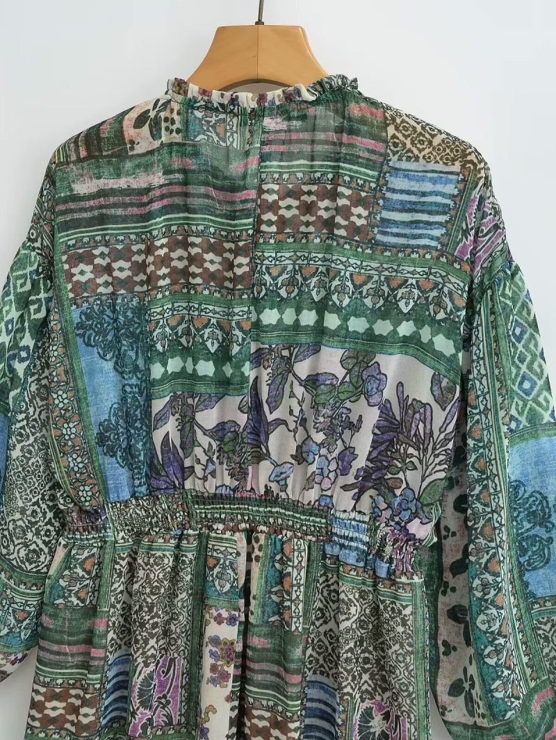 French Patchwork Printed Long Sleeve Casual Dress Women - Image 4