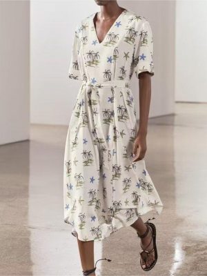 Women's Printed V-Neck Short Sleeve Dress with Belt
