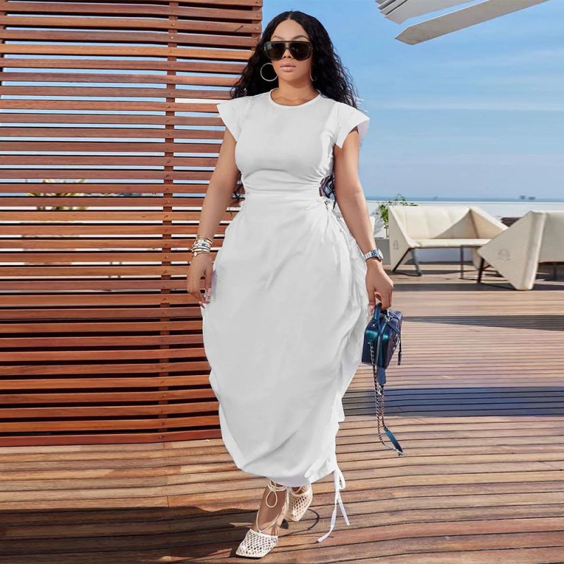 Summer Solid Color Round Neck Waist Dress