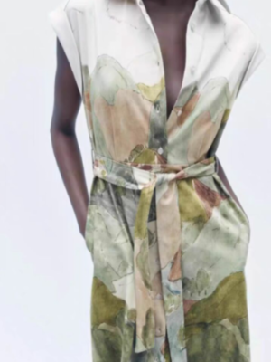 Spring Printed Short Sleeve Shirt Dress for Women