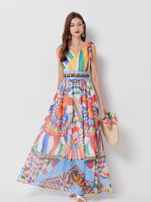 V-Neck Bow Strap Pleated A-Line Slim Dress