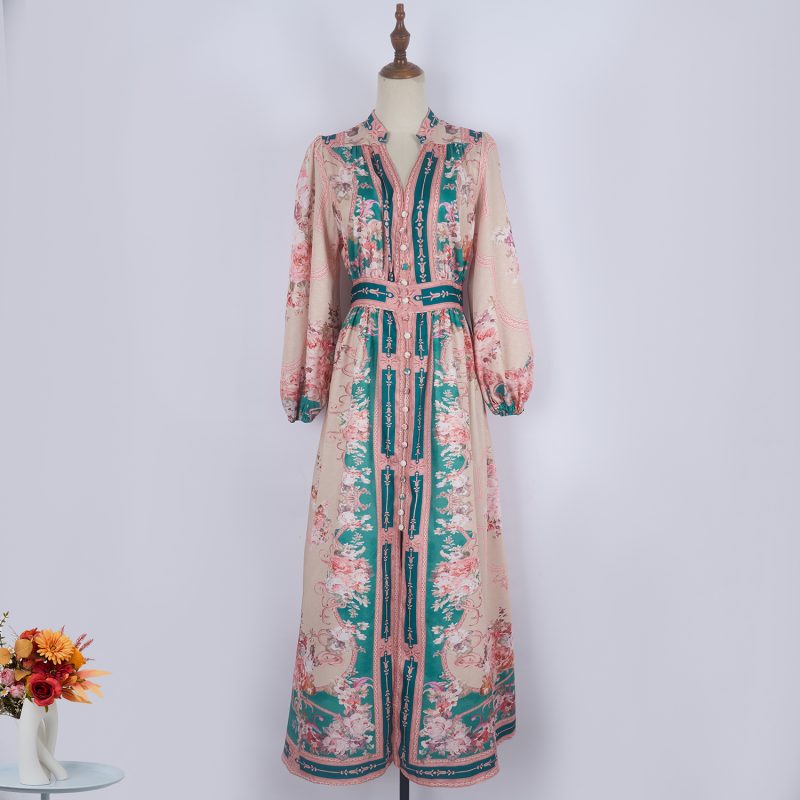 Women’s Printed Single Breasted Mid-Length Pocket Dress