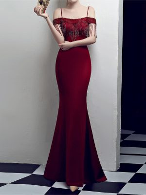 Elegant Red Fishtail Long Cocktail Evening Dress