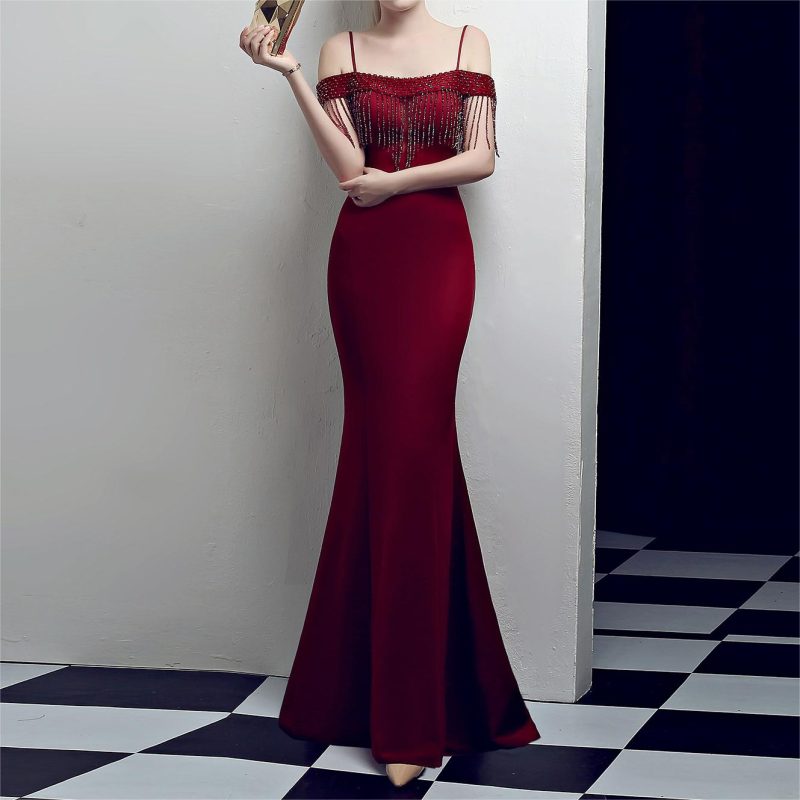 Elegant Red Fishtail Long Cocktail Evening Dress