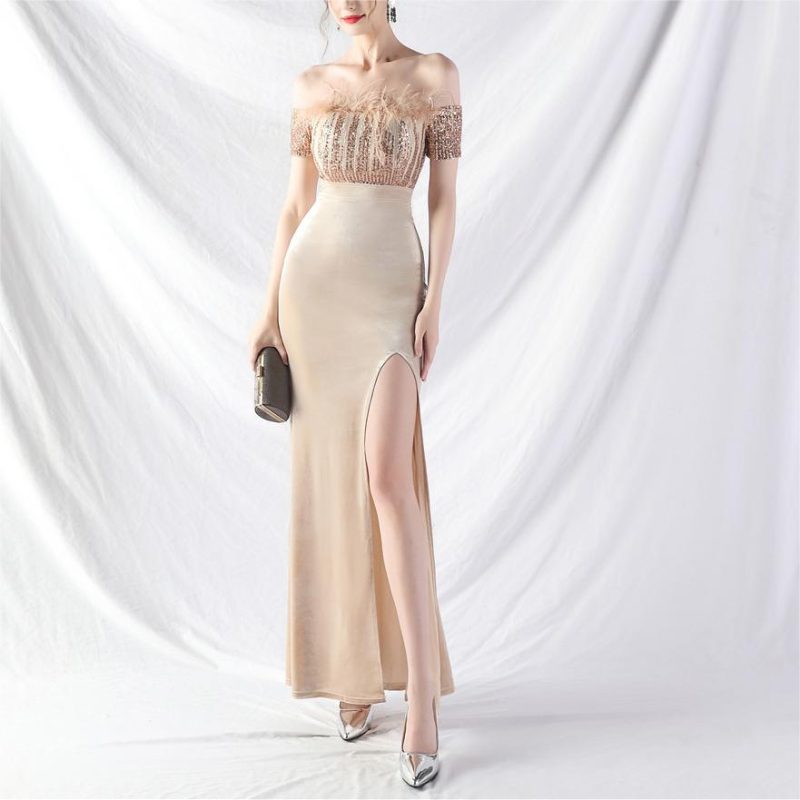 Elegant Ostrich Feather Velvet Off-Shoulder Evening Dress