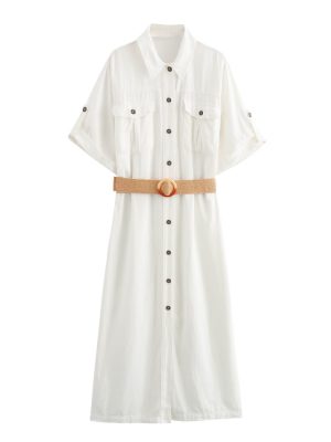 Summer Linen Collared Short Sleeve Waist Tie Dress