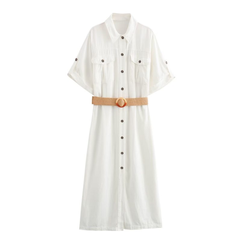 Summer Linen Collared Short Sleeve Waist Tie Dress