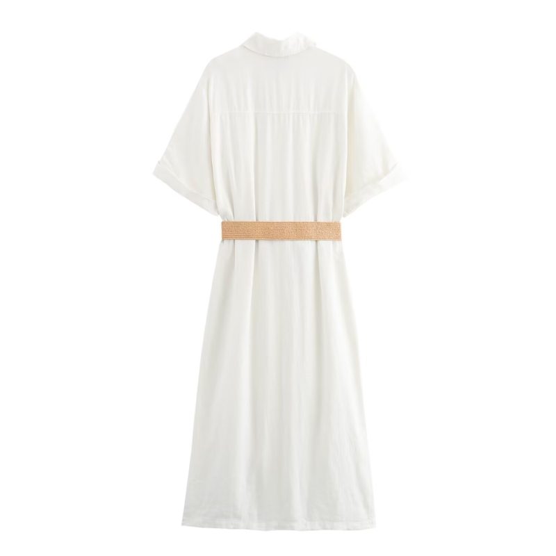 Summer Linen Collared Short Sleeve Waist Tie Dress - Image 2