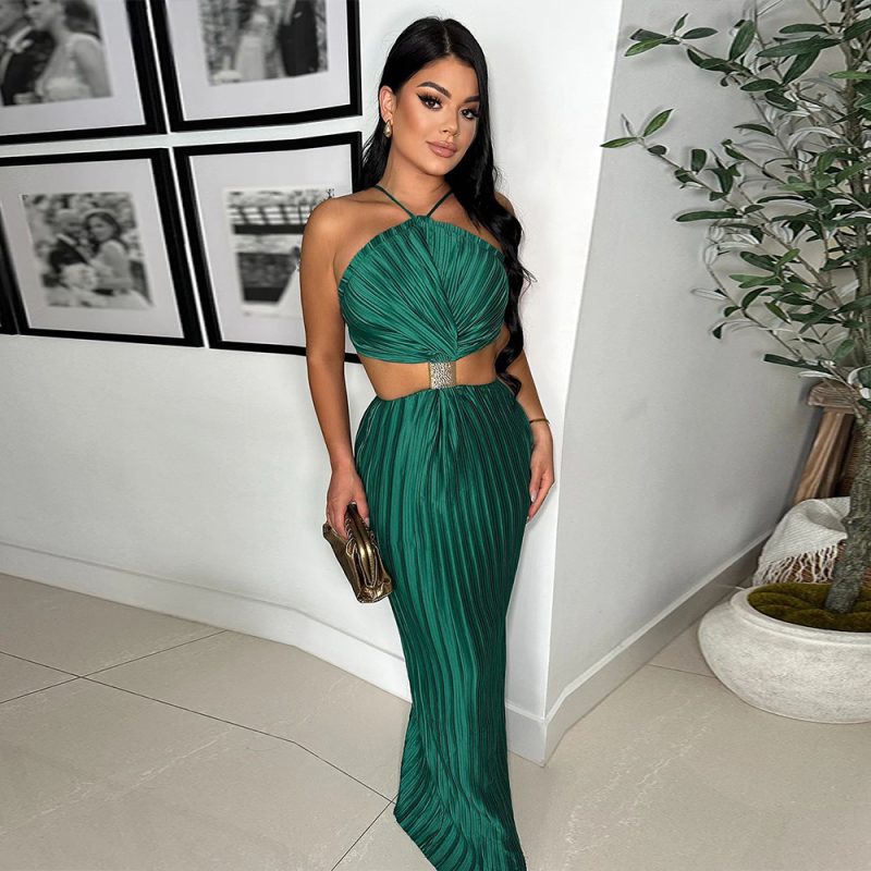 Women’s Pleated Lacing Evening Dress with Slit