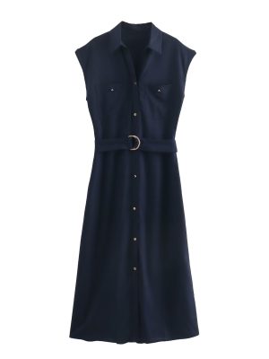 Women’s Linen Blend Midi Shirt Dress with Belt
