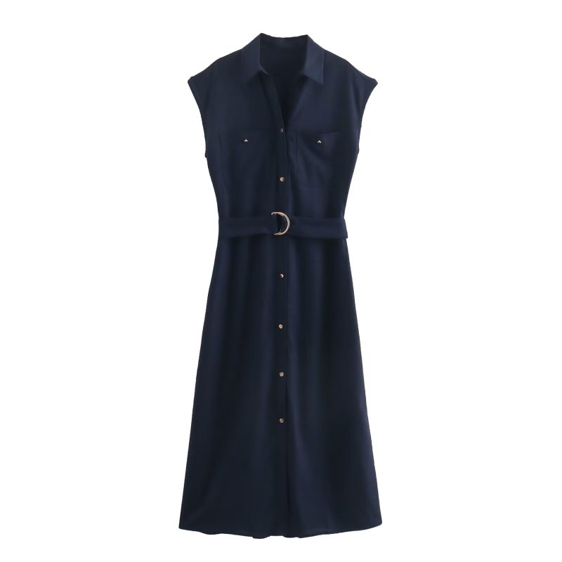 Women’s Linen Blend Midi Shirt Dress with Belt