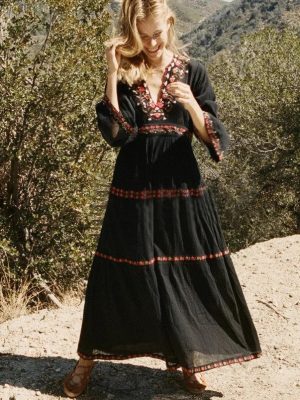 High Waisted Floral Embroidered A-Line Women Dress
