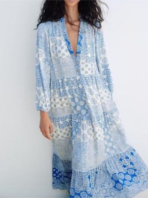 Summer Layered Print Long Sleeve Loose Fit Dress