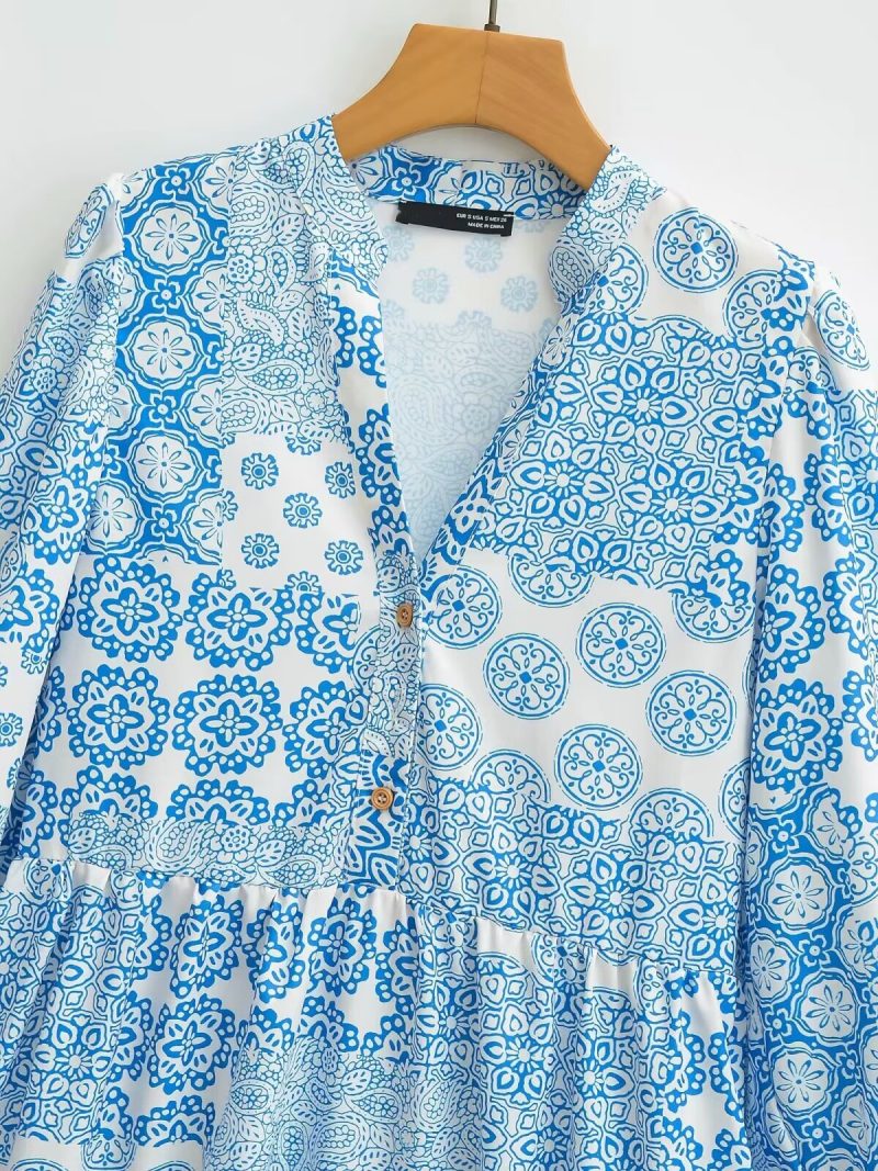Summer Layered Print Long Sleeve Loose Fit Dress - Image 2