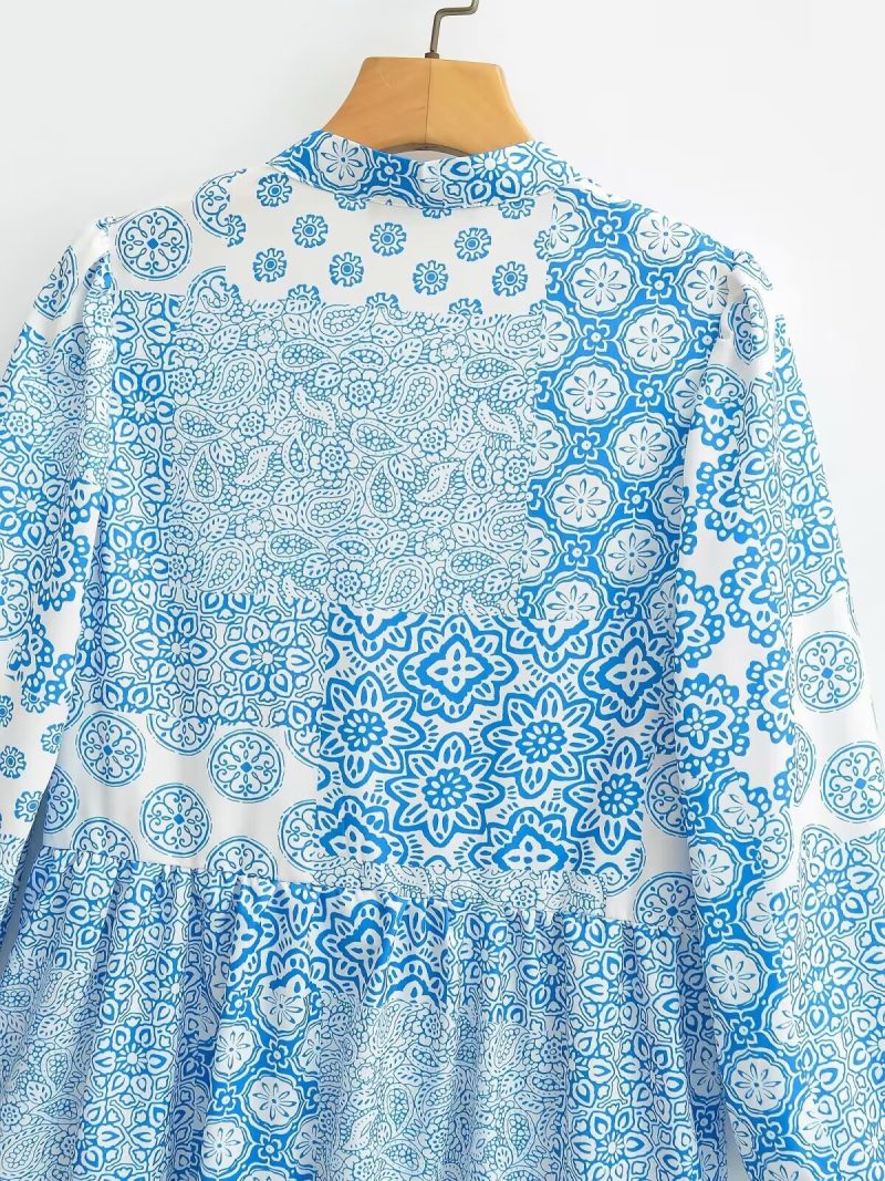 Summer Layered Print Long Sleeve Loose Fit Dress - Image 4