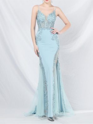 Lace Rhinestone Corset Off Shoulder Evening Dress
