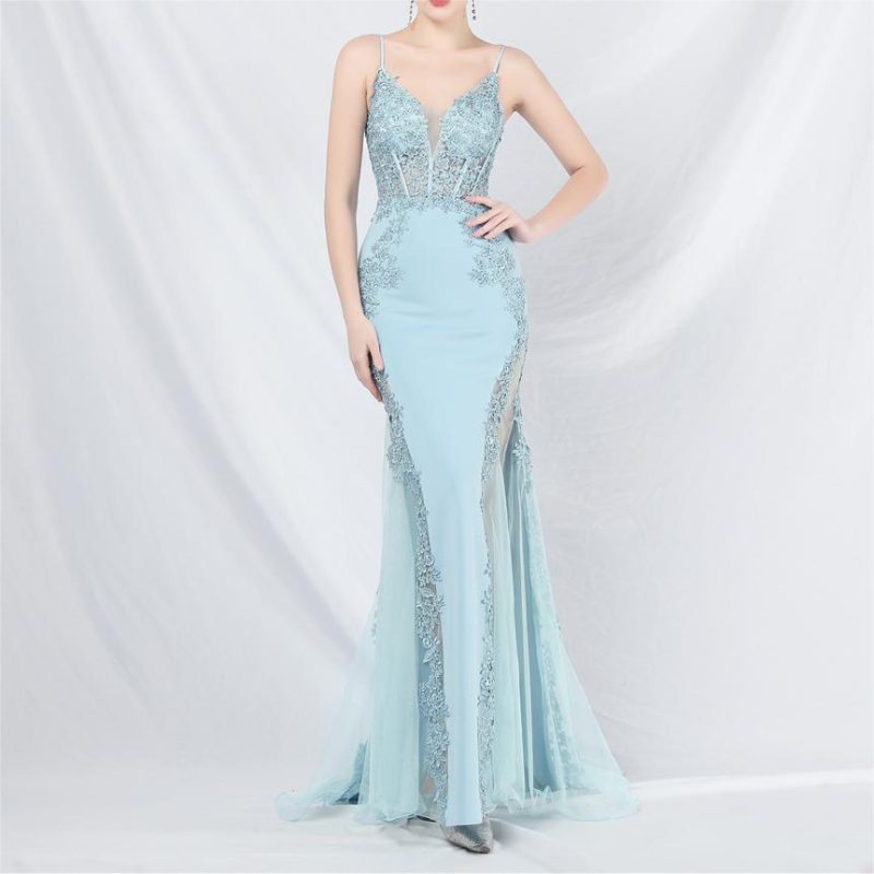Lace Rhinestone Corset Off Shoulder Evening Dress