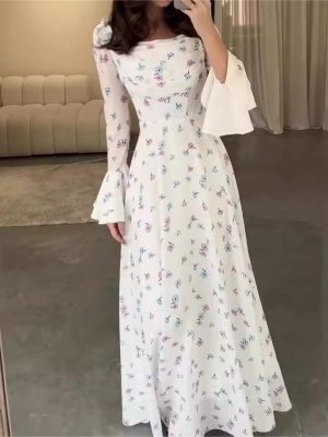 Women’s Summer U-Neck Printed Long Sleeve Dress