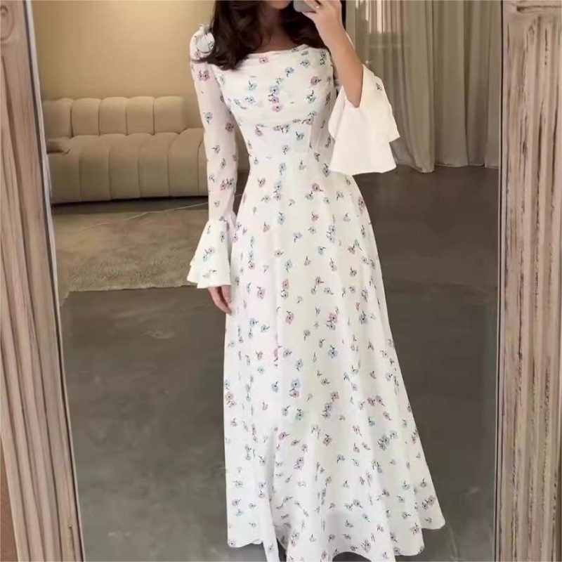 Women’s Summer U-Neck Printed Long Sleeve Dress