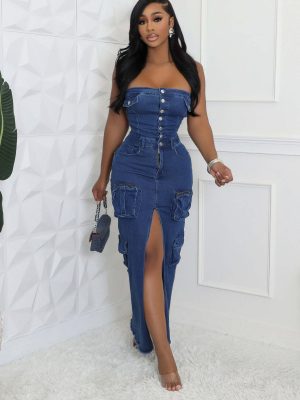 Autumn One Shoulder Pocket Split Denim Dress