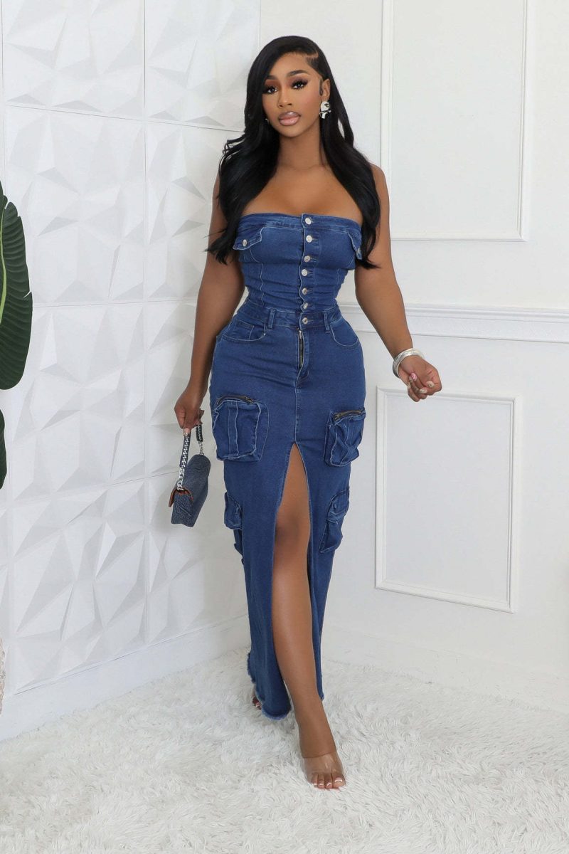 Autumn One Shoulder Pocket Split Denim Dress