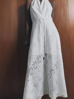 Fashionable Autumn Embroidered Hanging Collar Dress Women