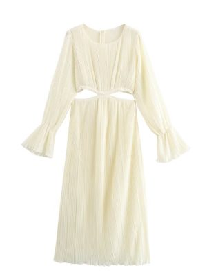 Fashionable Fall Pleated Waist Cutout Dress Women