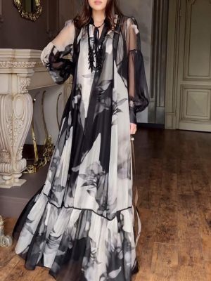 Vintage V Neck Mesh Maxi Dress Two Piece