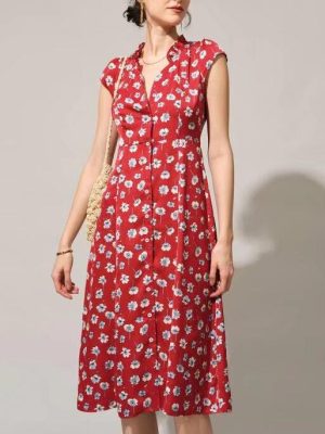 Summer Women’s Red Floral V-Neck Tea Dress