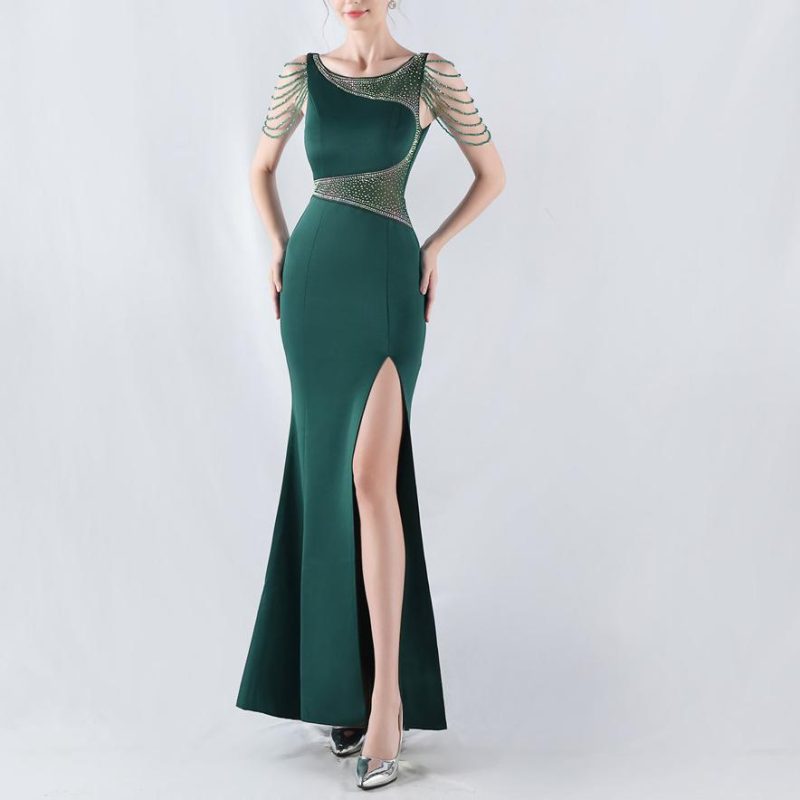 Embroidered Satin Evening Dress with Sheer Mesh Detail