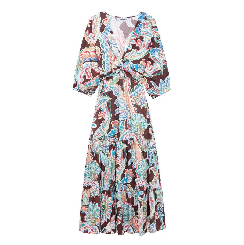 Spring Summer Women’s Bow Tie Printed Poplin Dress