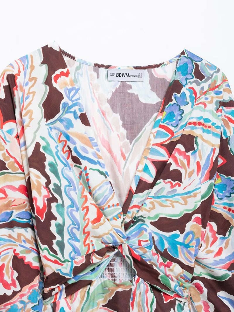 Spring Summer Women’s Bow Tie Printed Poplin Dress - Image 2