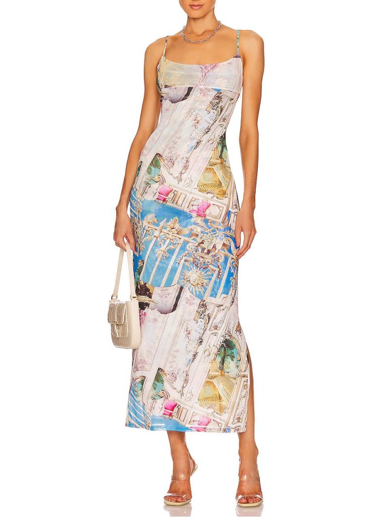 Summer Asymmetric Print Mesh Suspender Maxi Mop Dress