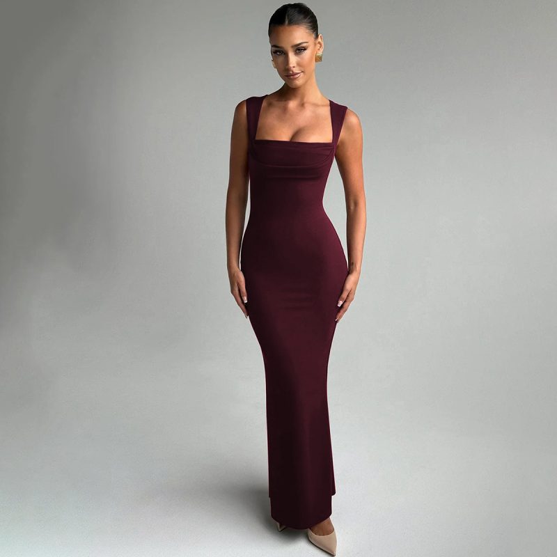Spring Summer Square Collar Sleeveless Slim Dress